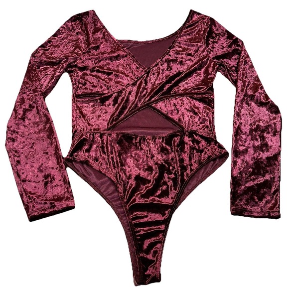 Lush Crushed Velvet Long Sleeve Bodysuit Burgundy Wine Holiday Party Women's L - Picture 3 of 10